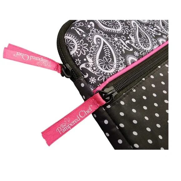 PAMPERED CHEF Tablet Case - Padded Black Pink Polka Dot Paisley Zip Pouch ipad - Picture 2 of 8